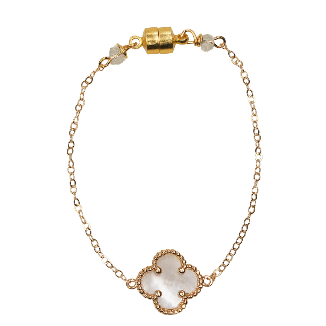 14k gold chain, white clover bracelet