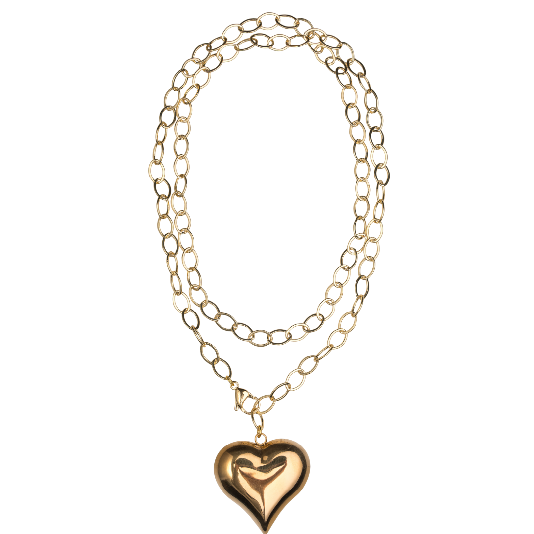Puffy Heart Necklace 36 in. Gold Oval Chain
