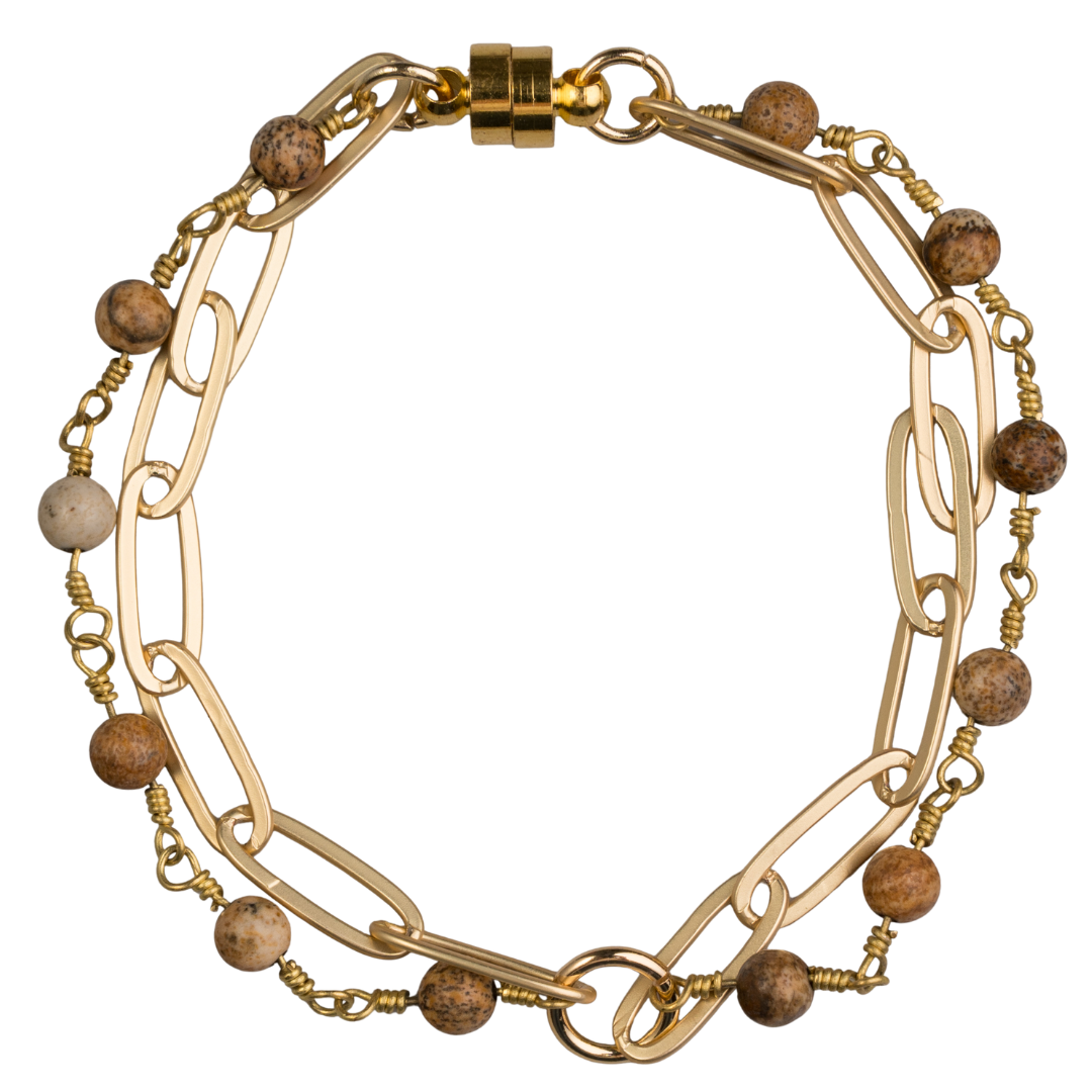 Matte Gold Paperclip Chain & Picture Jasper Wood Chain Bracelet