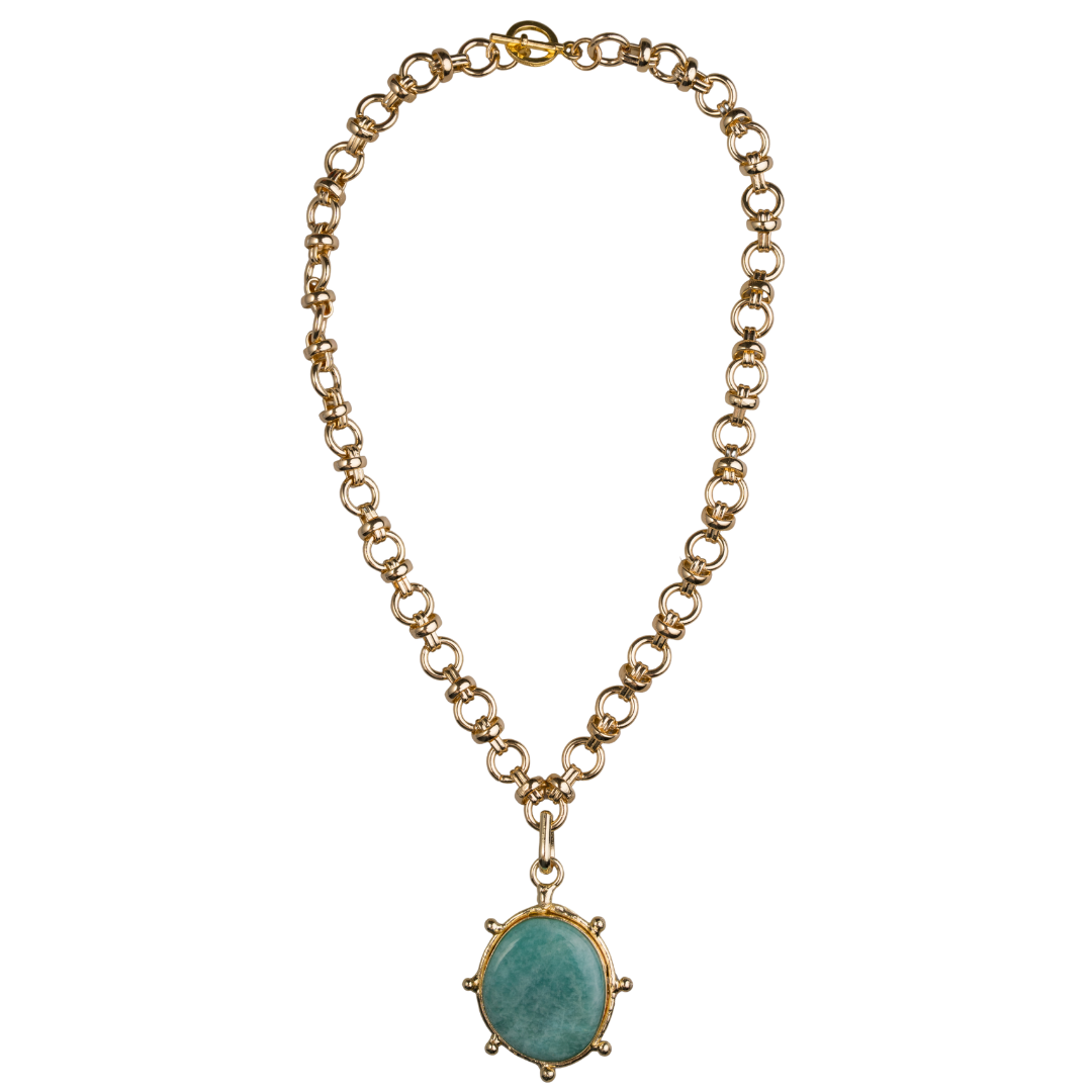 Amazonite Cabachon with Gold Plated Circle Chain Necklace