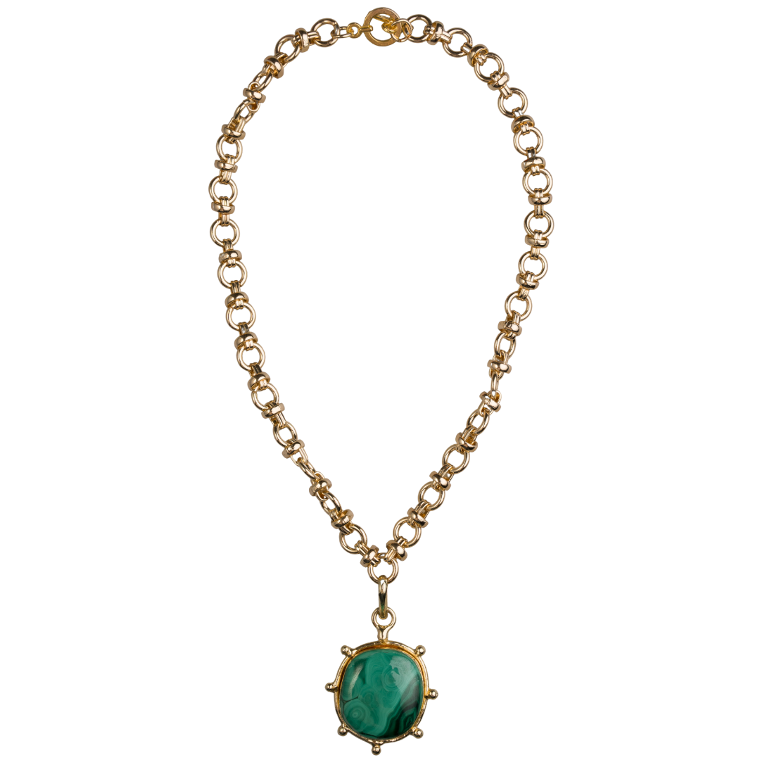 Malachite Cabachon with Shiny Gold Circle Chain Necklace