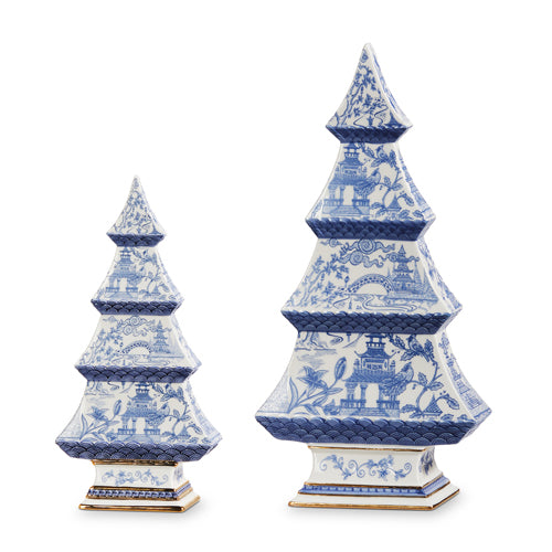 12.5" Set of 2 Blue Chinoiserie Trees