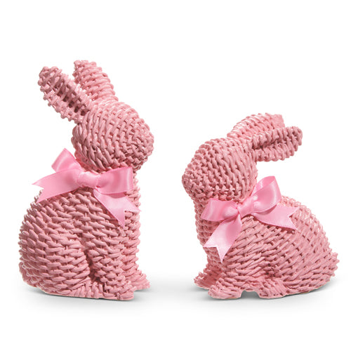 Set of 2 Pink Woven Bunnies with Bows