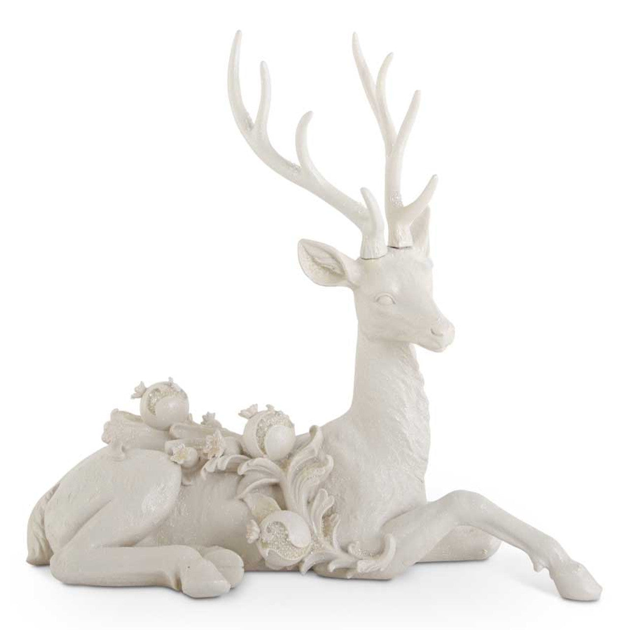 White Resin Glittered Laying Deer w/beaded Pomegranate