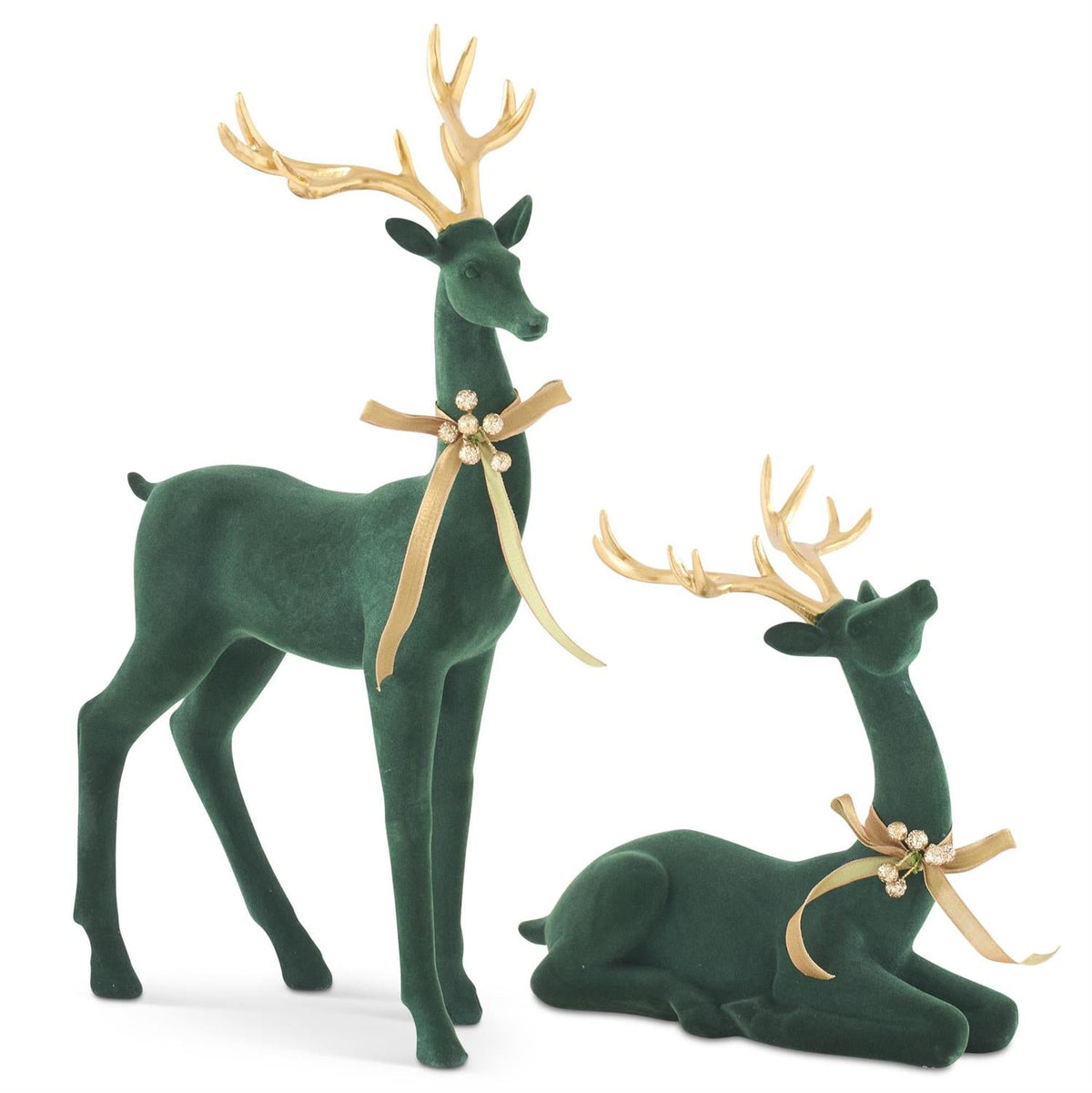 Set of 2 Dark Green Velvet Deer w/Gold Antlers and Bow