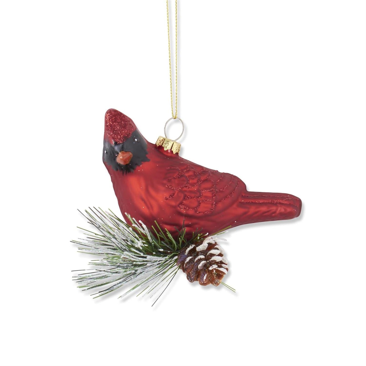 3.5" Red Glittered Blown Glass Cardinal Ornament w/Pine