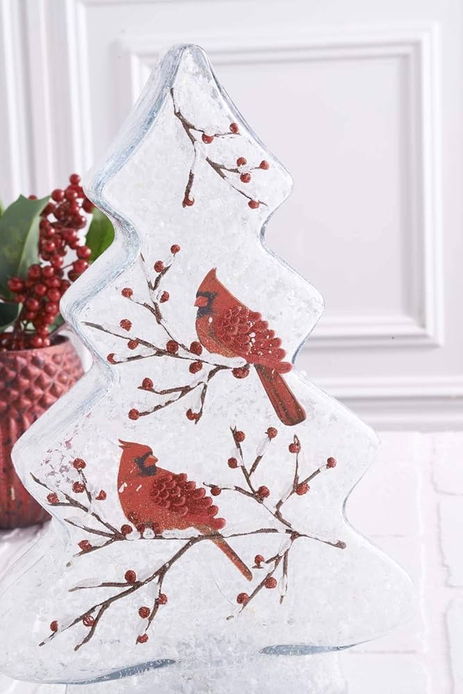 12" Snowy Cardinal Tabletop Tree w/Timer LED