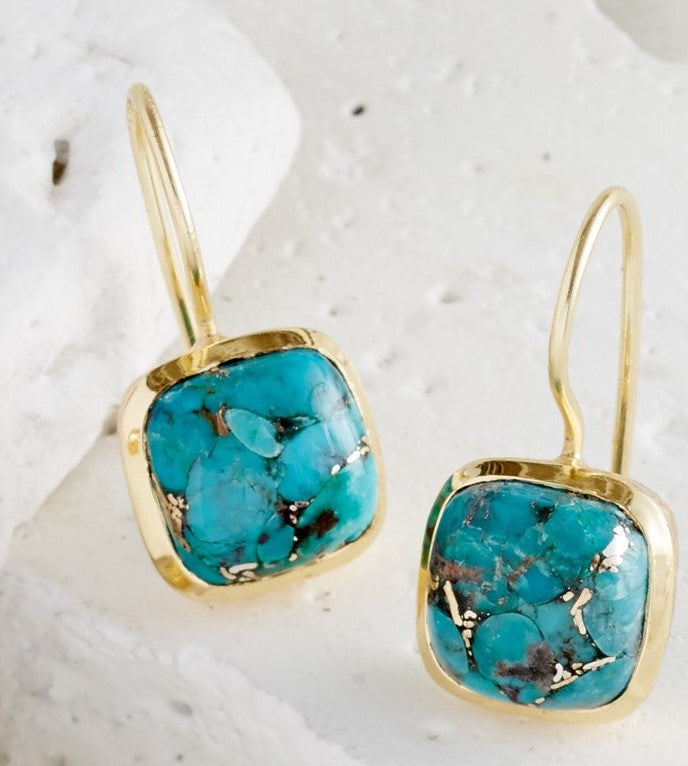 Cushion Cut Copper Turquoise Drop Earrings