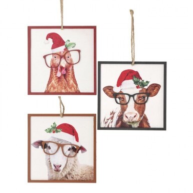 5"MDF FARM ANIMAL W/GLASSES ORNAMENT