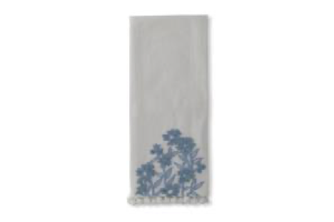 White Linen & Blue Embroidered Floral Hand Towel