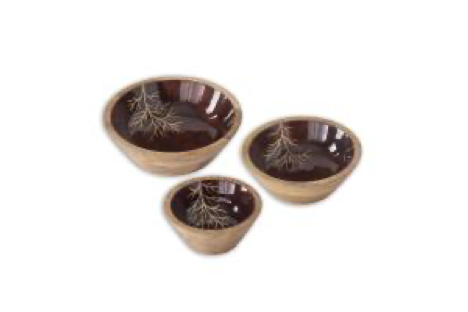 Set of 3 Wood Brown Enameled Gold Leaf Bowls