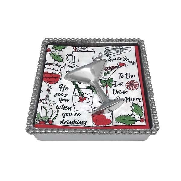 Cocktail Beaded Holiday Napkin Box with Cocktail Napkin Weight