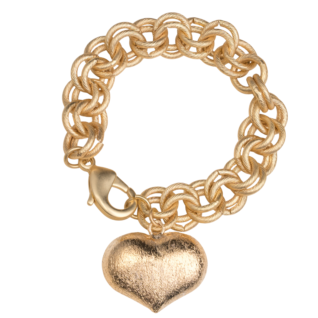 Puffy Heart Bracelet, Matte Gold Double Circle Chain