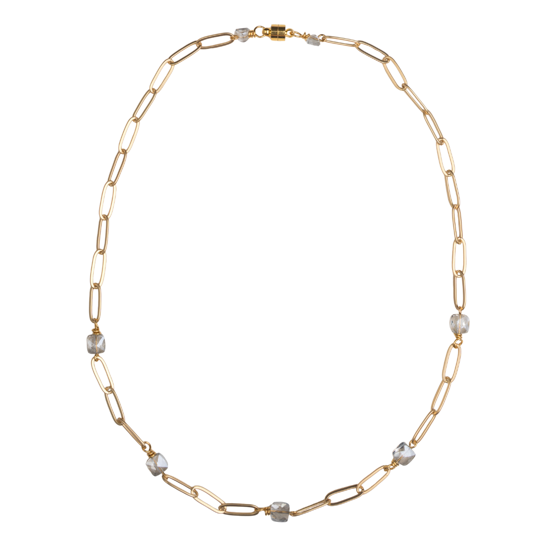 Gold Paperclip Chain, Ice Blue Crystal Necklace
