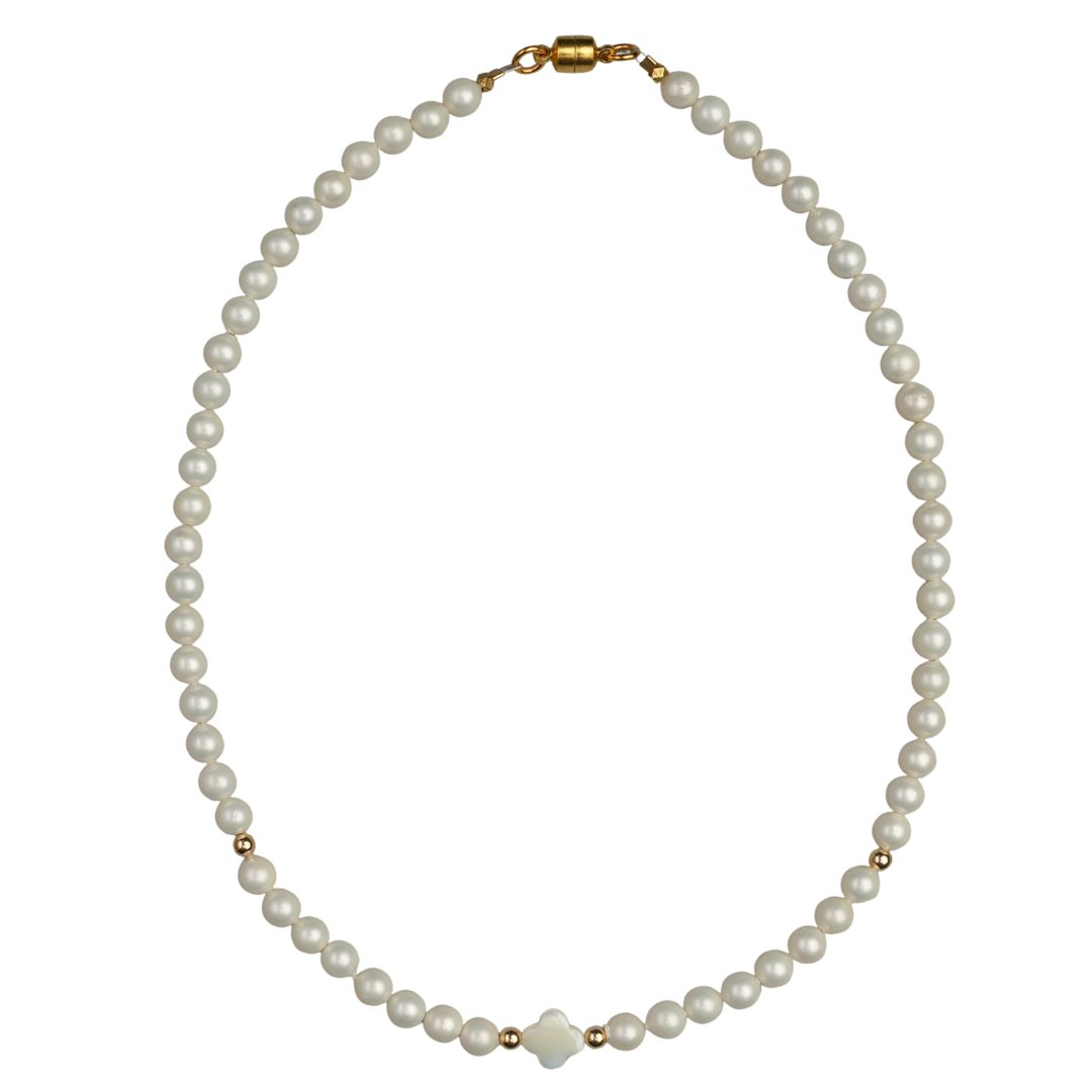 Shell pearl, 14k gold ball, flower necklace
