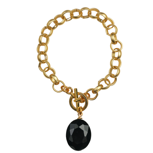 Matte gold circle chain, black crystal bracelet