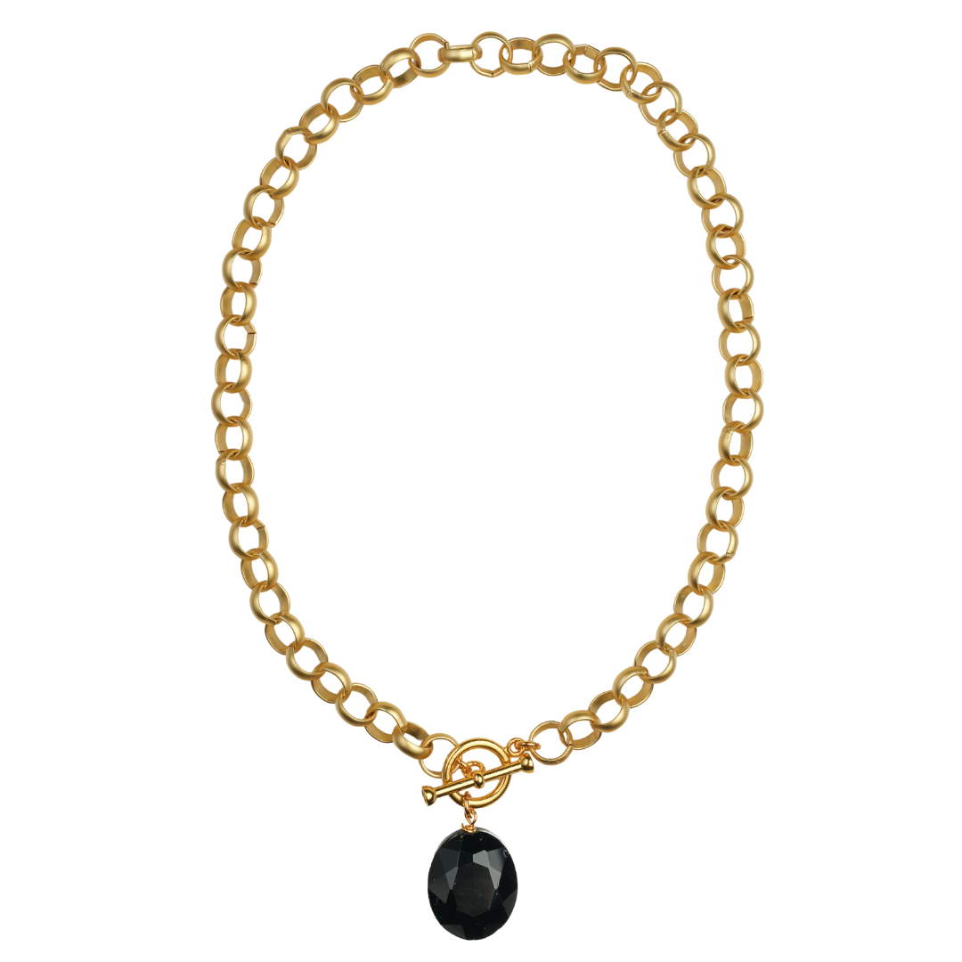 Matt gold circle chain, black crystal necklace