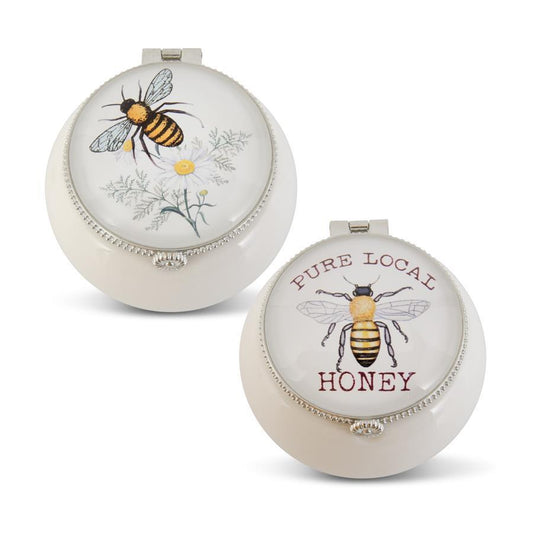 White Porcelain Trinket Box w/Bee Decal Glass Lid