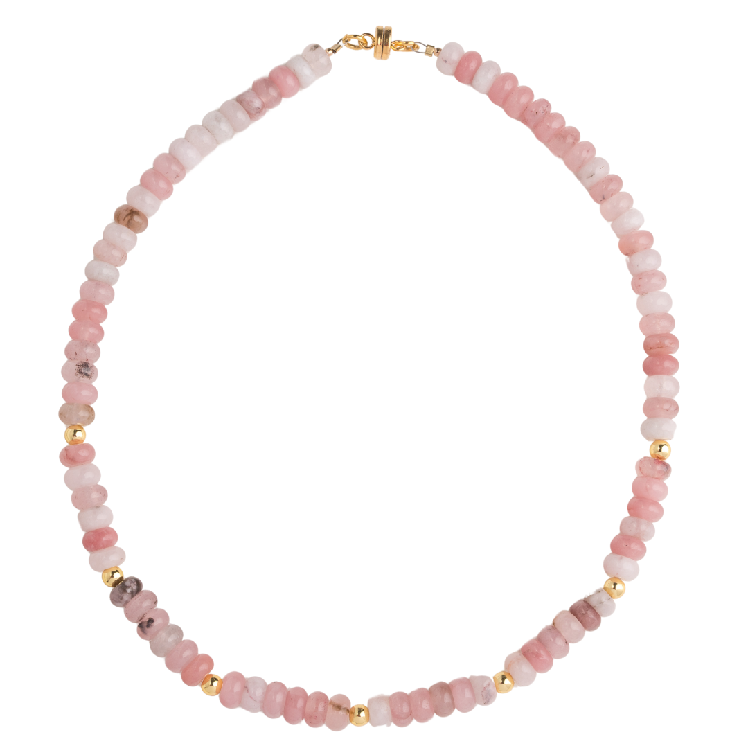 Rondelle Agate (Pink tone), 18k gold ball necklace