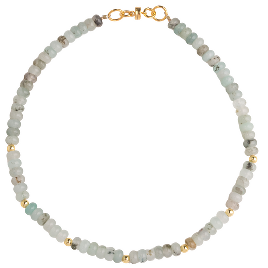 Rondelle Agate (Grey-Green tone), 18k Gold Ball Necklace