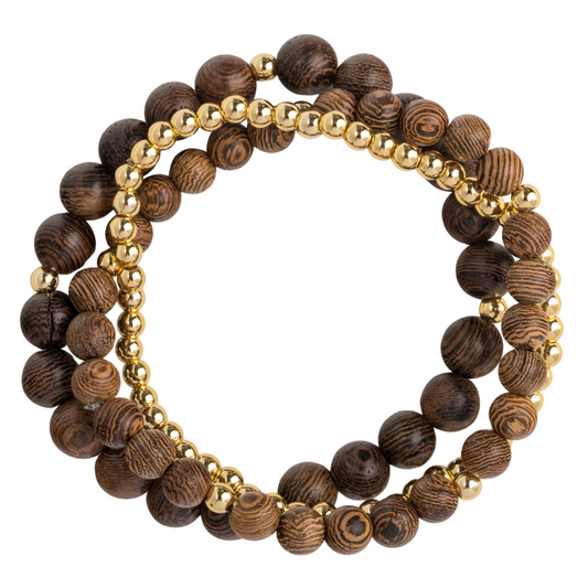 Set of 3 Mixed Wood, 18K gold ball bracelets
