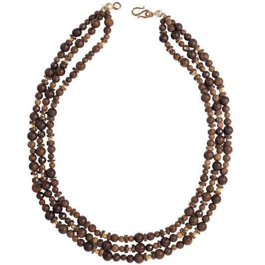 Multi strand mixed wood, 18k gold ball necklace