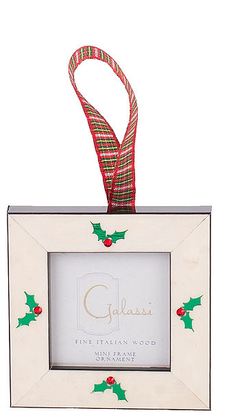 White Burl w/Green Holly & Red Crystal w/Plaid Frame Ornament