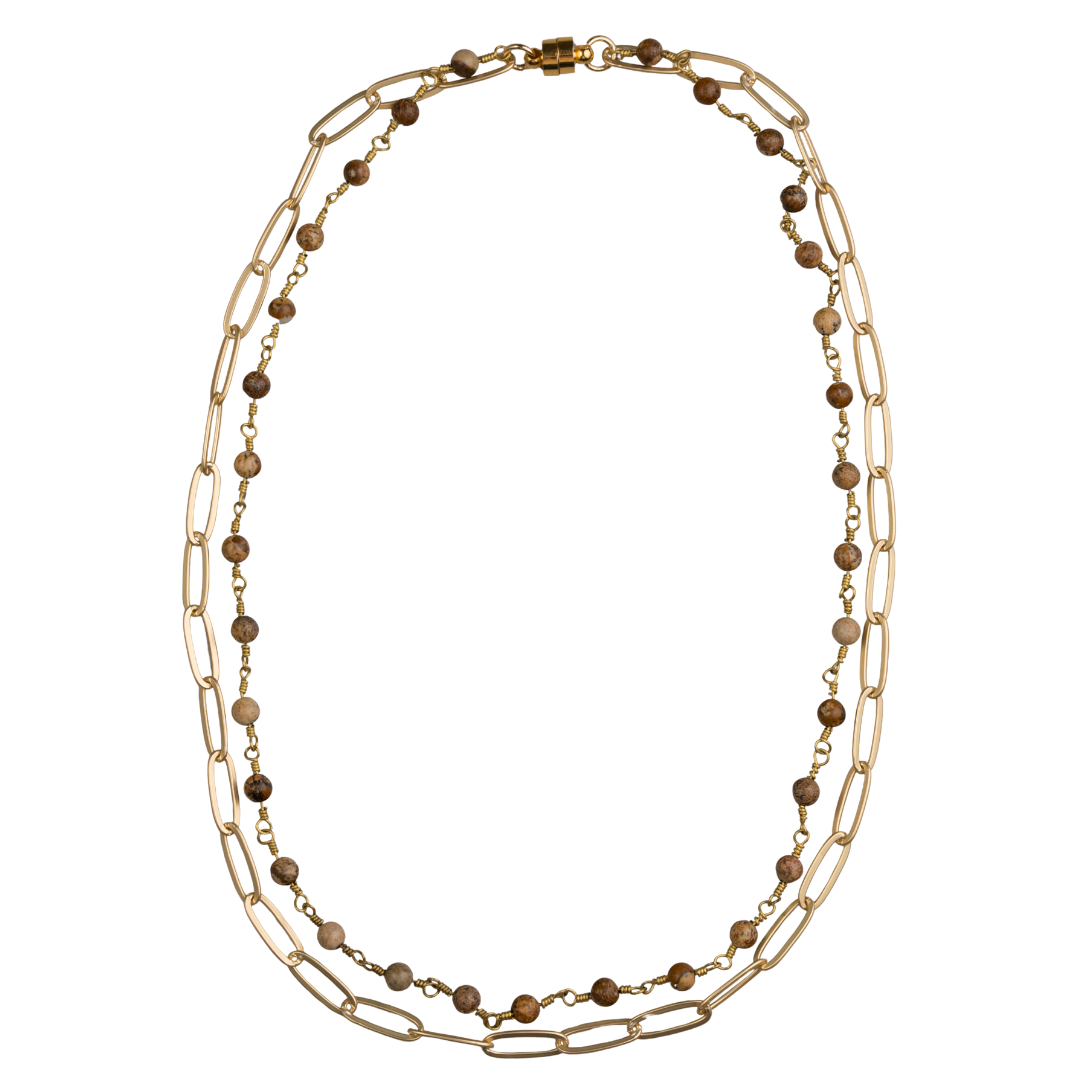 Matte Gold Paperclip Chain & Picture Jasper Wood Chain Choker