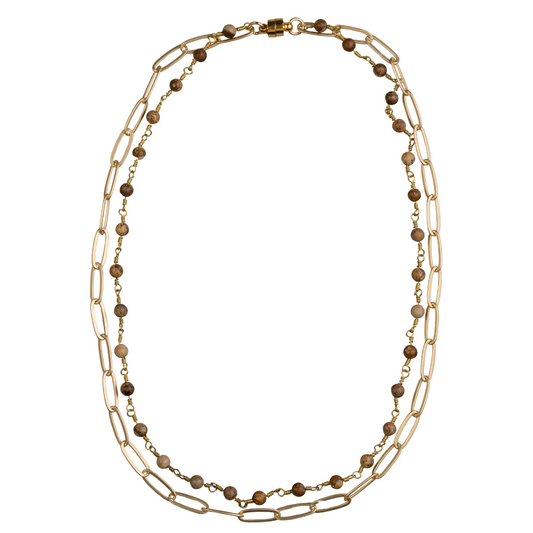 Matte Gold Paperclip Chain & Picture Jasper Wood Chain Choker
