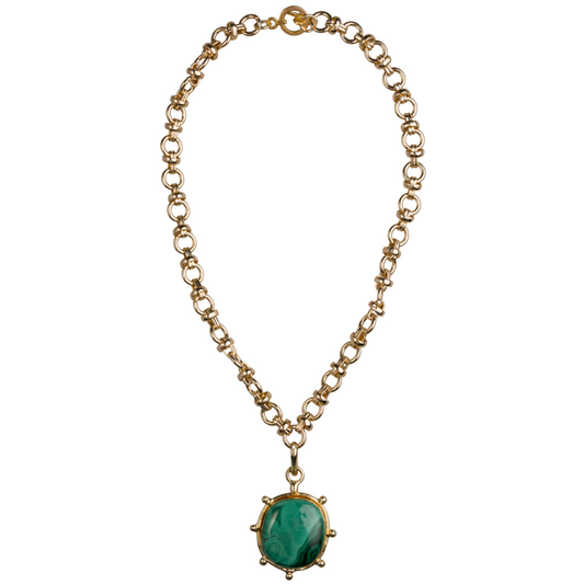 Malachite Cabachon with Shiny Gold Circle Chain Necklace