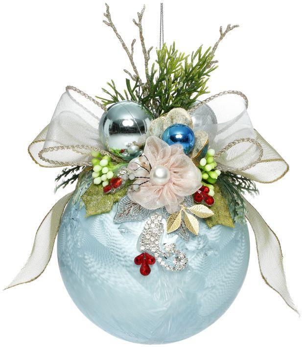Floral Jeweled Ball Ornament, Frosted, Light Blue - 6 Inches
