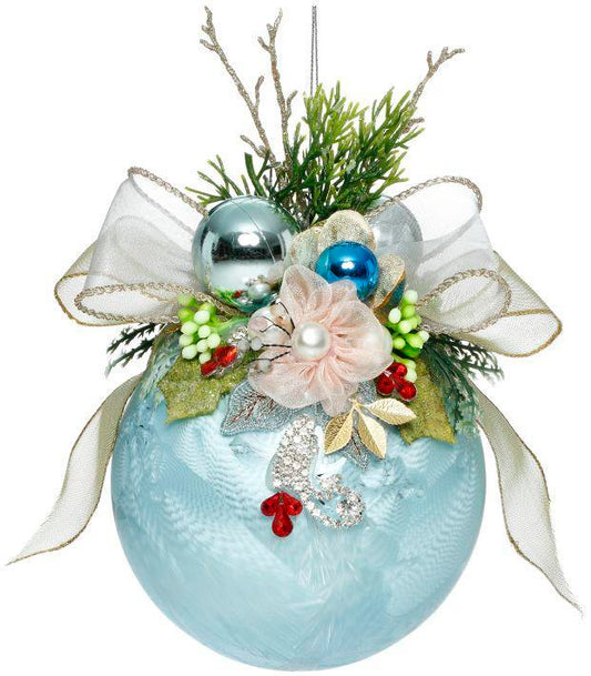 Floral Jeweled Ball Ornament, Frosted, Light Blue - 6 Inches