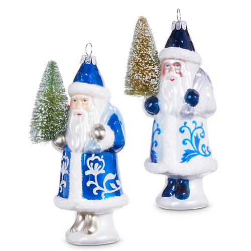 Santa with Tree Ornament- 5.5" Blue & White