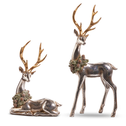 Set of 2 Silver Deer With Wreath