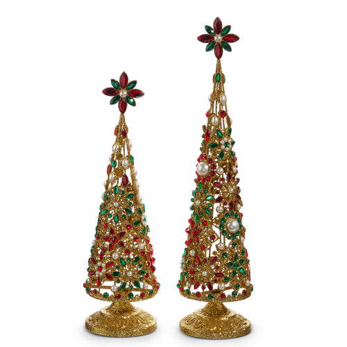 Set of 2 PEARL AND JEWELED TREES WITH GOLD GLITTER