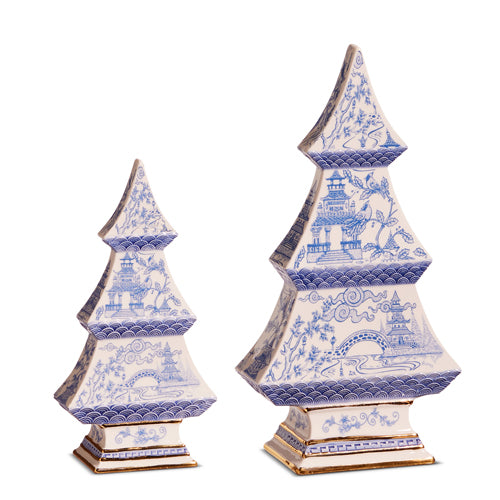 9" Set of 2 Blue Chinoiserie Trees