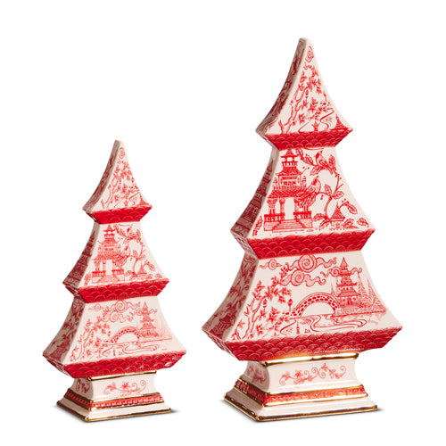 9" Set of 2 RED CHINOISERIE TREES