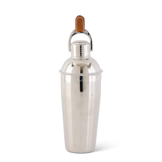 Silver Cocktail Shaker w/Brown Leather Tassel