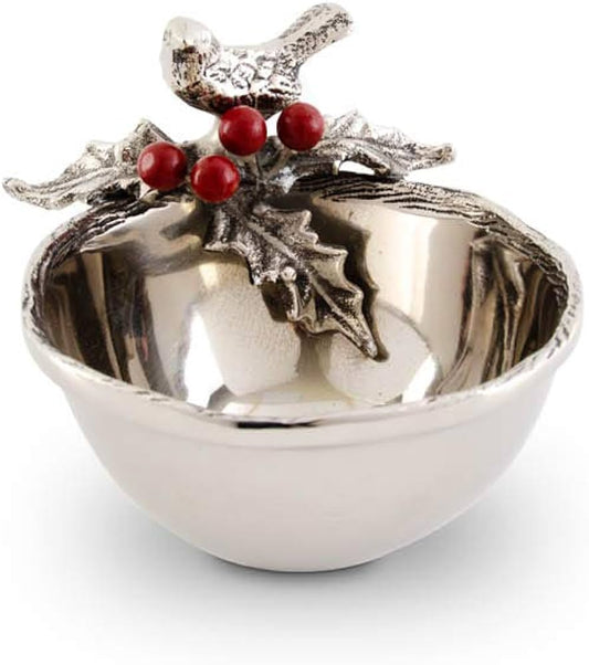Silver Metal Bowl w/Bird and Holly 6"