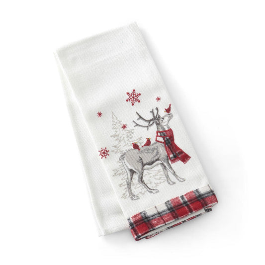 White & Plaid Towel w/Embroidered Deer & Cardinals 27"