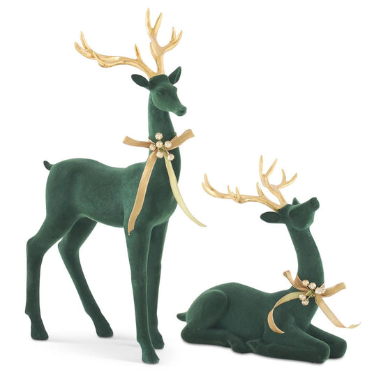Set of 2 Dark Green Velvet Deer w/Gold Antlers and Bow