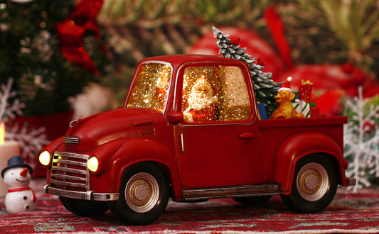 Red Resin Swirling Glitter LED Truck Snow Globe