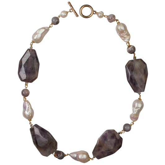 Amethyst, Baroque pearl, agate necklace
