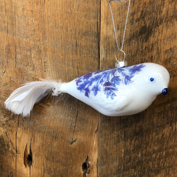 White & Blue Glass Bird w/ feather tail Ornament
