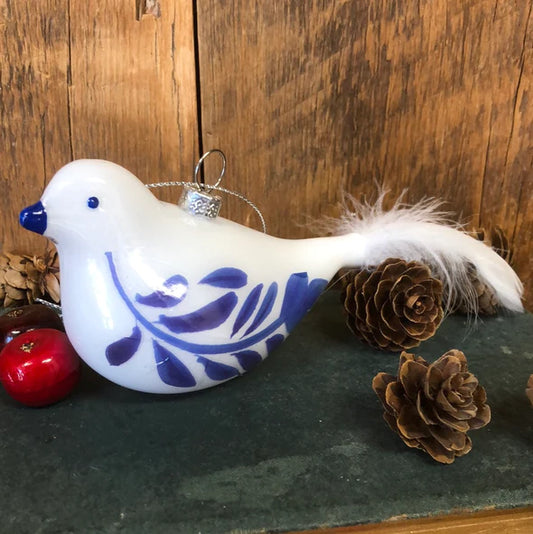 White & Blue Glass Bird w/ feather tail Ornament