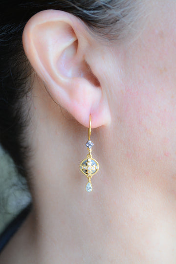 Sterling 22ktGP Dark Rhodium CZ Cross Shield Earrings