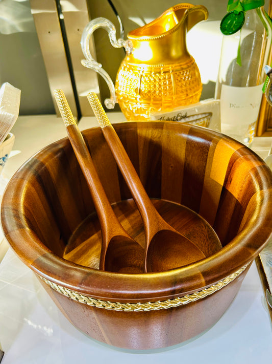 Gold Braid Round Salad Bowl w/ Servers