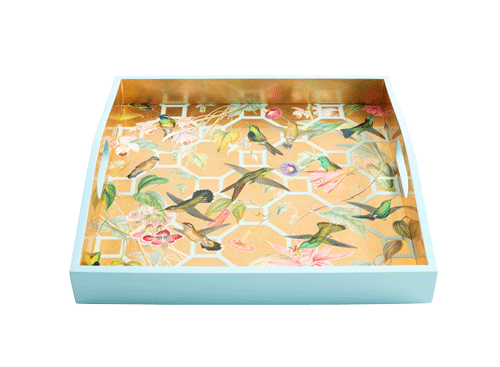 Hummingbird Trellis Gold Square Lacquer Tray