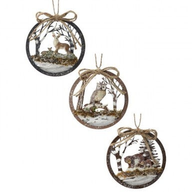4.5"CUTWOOD OWL/DEER/BEAR DISC ORNAMENT