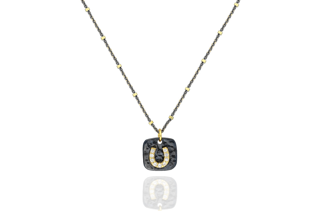 Horseshoe CZ Dark Rhodium & Gold Pendant Necklace
